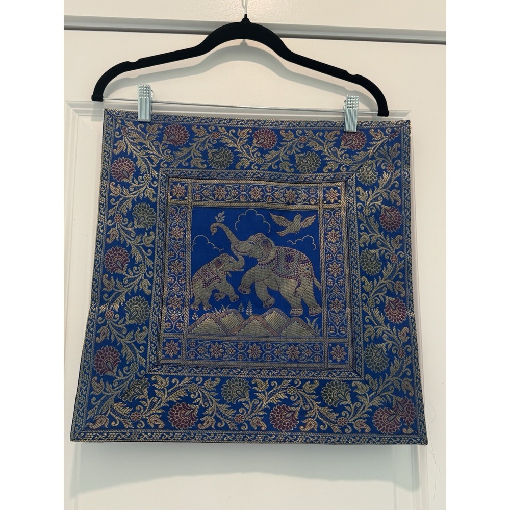 Blue Elephant Brocade Jacquard Pillow Covers 16x16 Boho Indian Decor - Picture 2 of 8